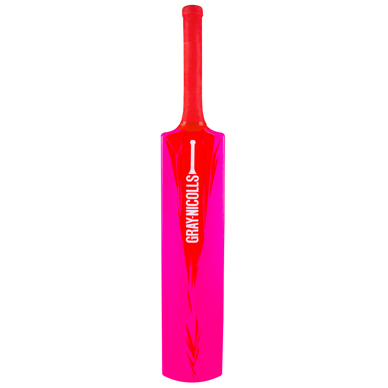 The Gray Nicolls PowerPlay Plastic Bat features a vibrant pink design with a red handle and the brand name in white—ideal for kids or beginners starting out in cricket.
