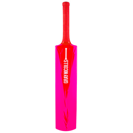 The Gray Nicolls PowerPlay Plastic Bat features a vibrant pink design with a red handle and the brand name in white—ideal for kids or beginners starting out in cricket.