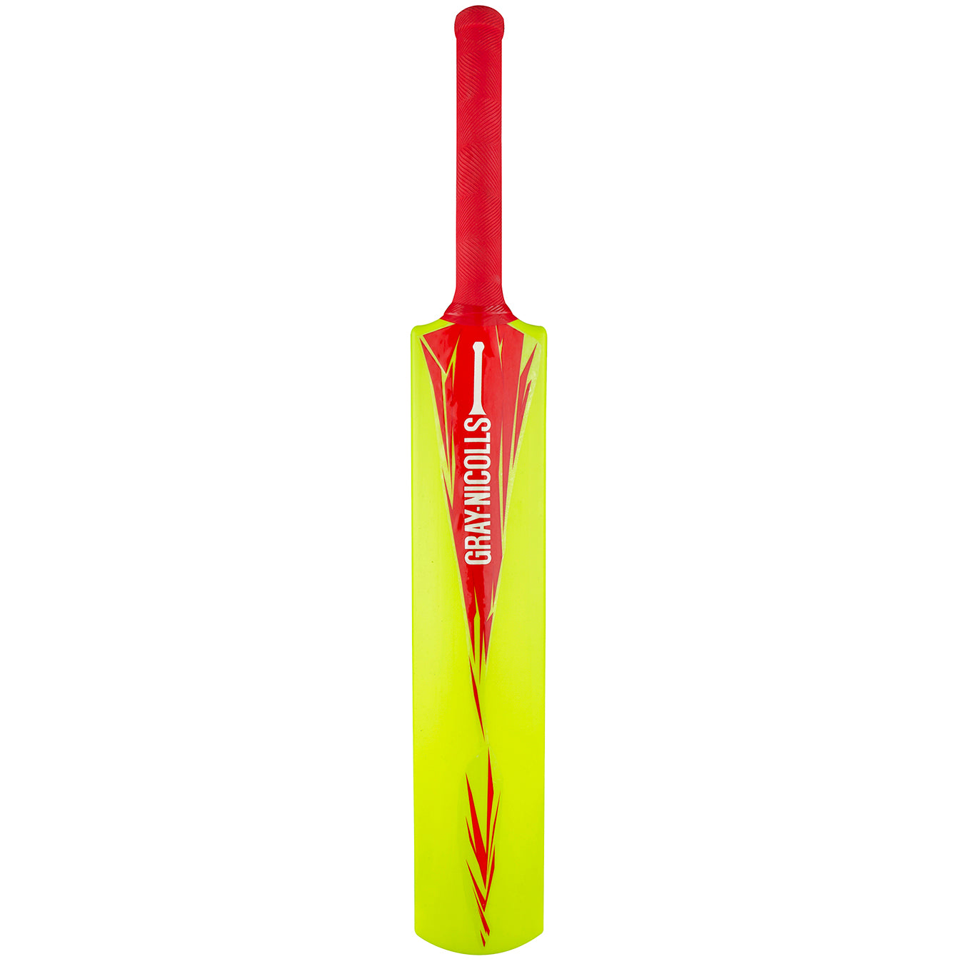 The Gray Nicolls PowerPlay Plastic Bat is a yellow kids' cricket bat with red flame designs, a red handle, and “GRAY-NICOLLS” in white on the front. Perfect for beginners.