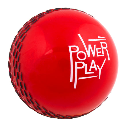 The Gray Nicolls PowerPlay Ball features a bright red design with black stitching and "POWER PLAY" in white text, ideal for soft-ball cricket games.