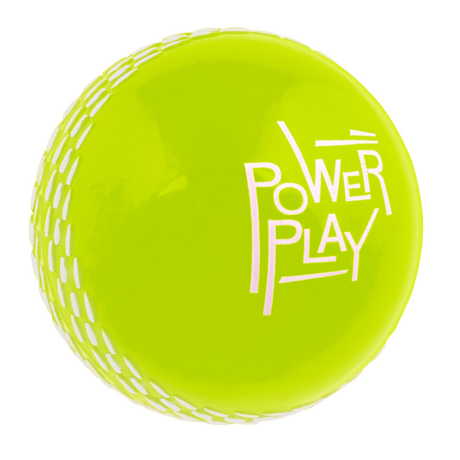 A vibrant yellow Gray Nicolls PowerPlay Ball featuring white stitching and "POWER PLAY" in bold white letters—ideal for soft-ball cricket fans.