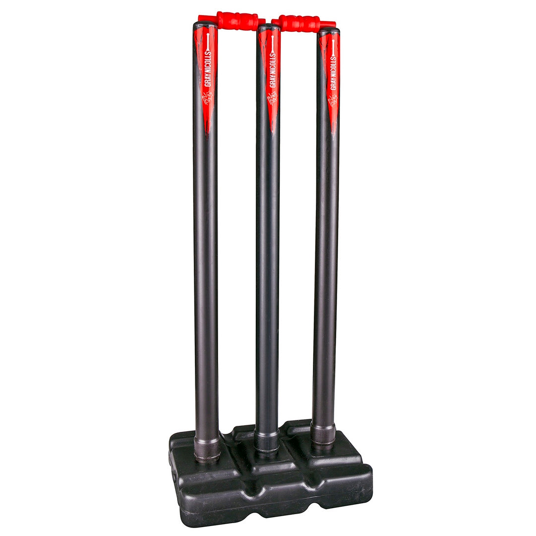 The Gray Nicolls PowerPlay Plastic Stumps feature three black, lightweight stumps with red bails on a black base—ideal for junior cricket and perfect for hard surfaces or indoor use.