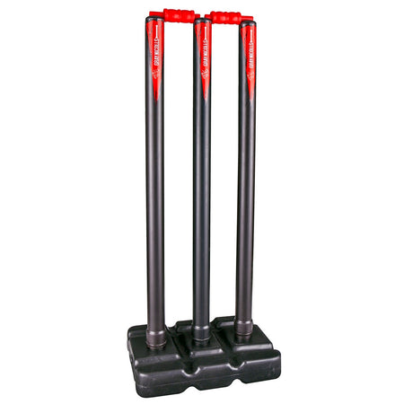 The Gray Nicolls PowerPlay Plastic Stumps feature three black, lightweight stumps with red bails on a black base—ideal for junior cricket and perfect for hard surfaces or indoor use.