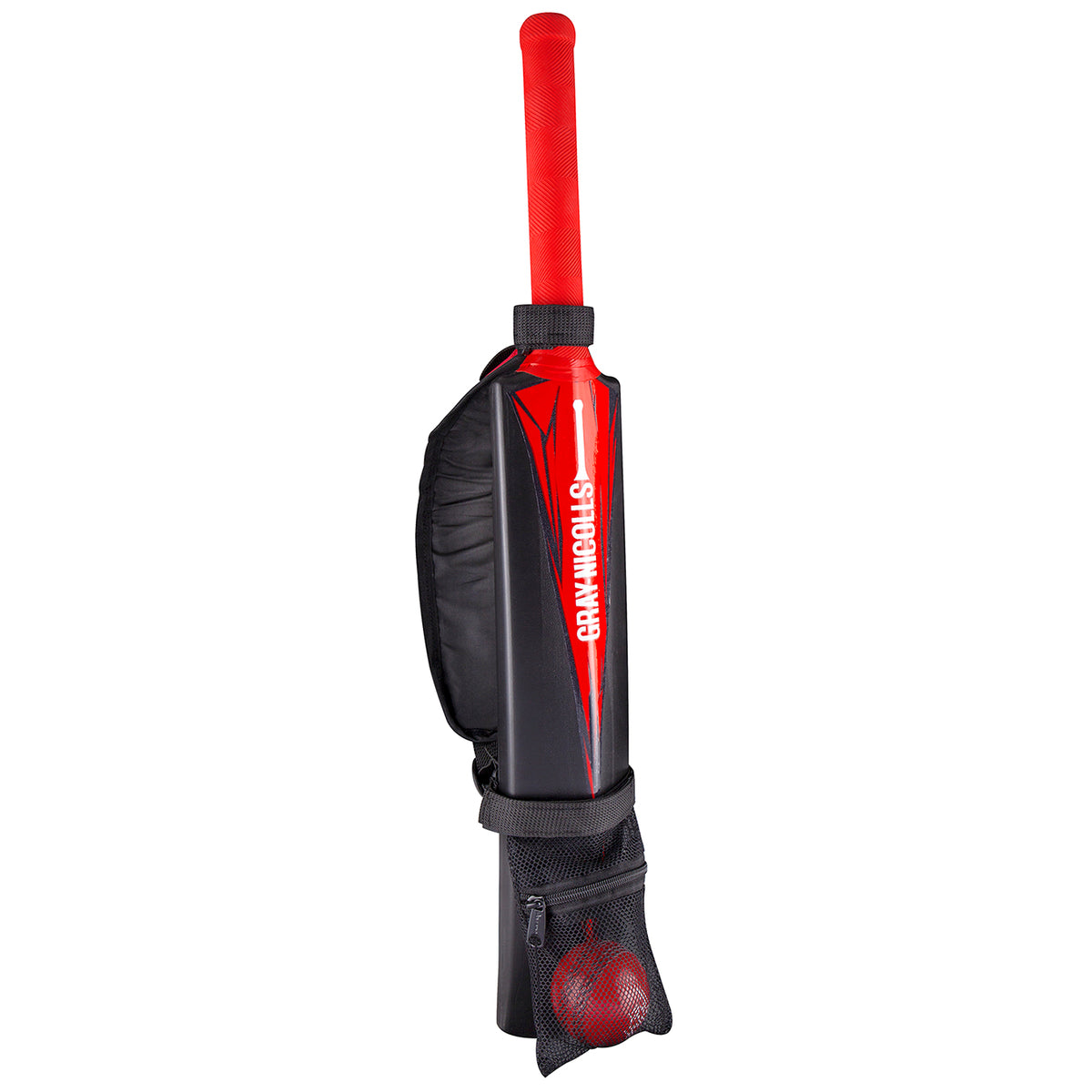 The Gray Nicolls PowerPlay Plastic Bat and Ball Set features a red and black bat plus a matching red ball, all from Gray Nicolls—ideal for junior cricket enthusiasts.