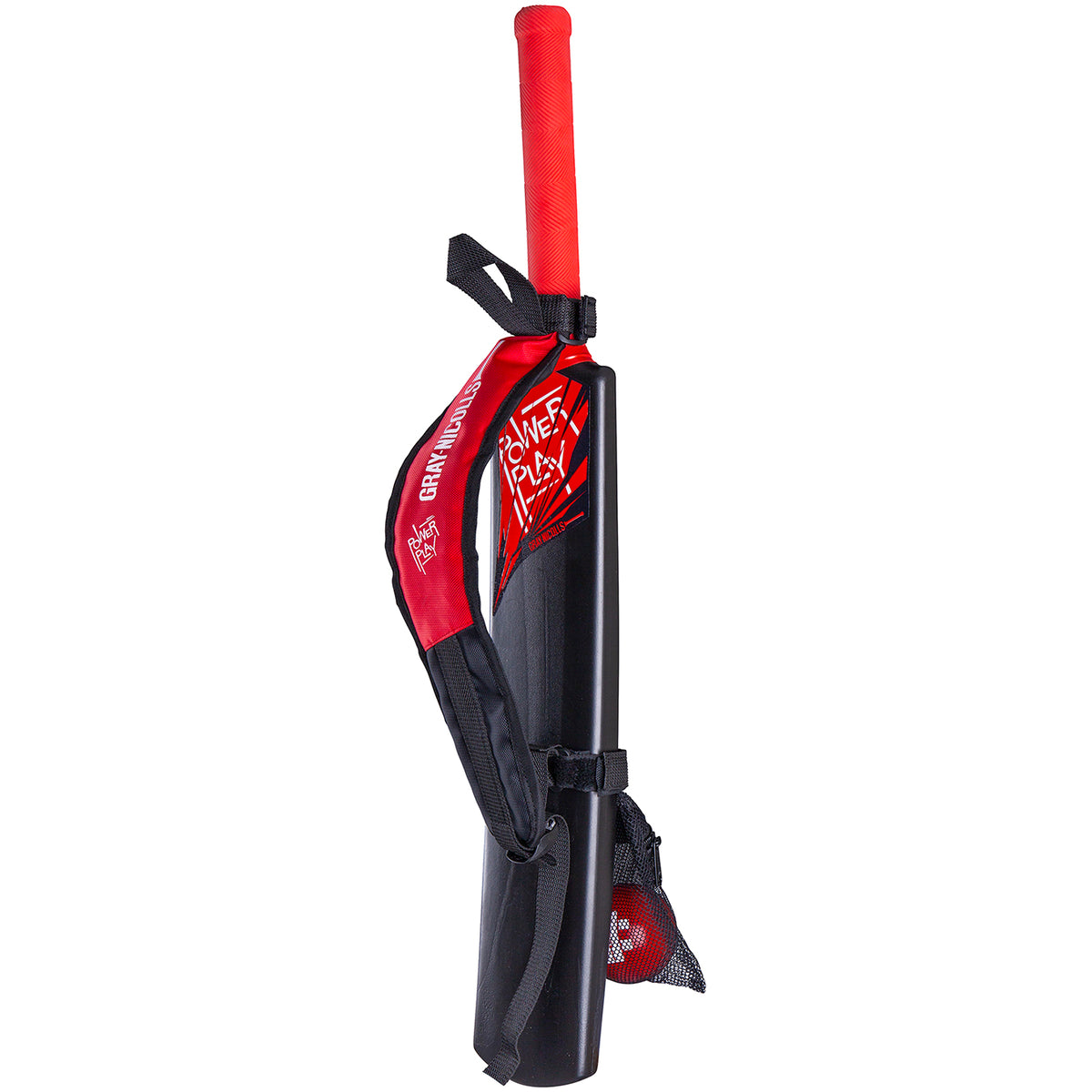 A black and red Gray Nicolls PowerPlay Plastic Bat and Ball Set, featuring a red-handled bat cover labeled DRIVE TO PLAY and a mesh pouch with a red cricket ball, all attached together.