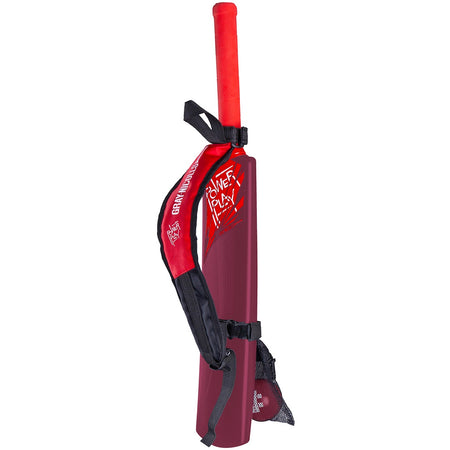 A red and maroon Gray Nicolls junior cricket bat with white "Power Play" text, red grip, and a black-and-red strap case—part of the Gray Nicolls PowerPlay Plastic Bat and Ball Set.