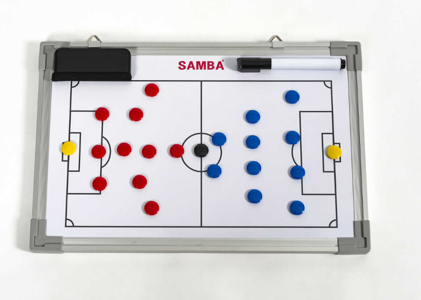 The Samba Sports Double Sided Tactic Board (45cm x 30cm) comes with red and blue team magnets, yellow goal magnets, a black marker in the center, and features a dry erase pen and eraser on top. Includes carrying bag.