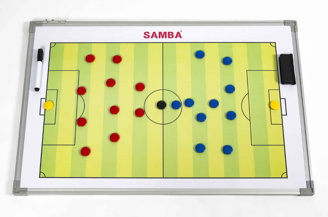 The Samba Sports Double Sided Tactic Board (90cm x 60cm) features a green dry-erase pitch with magnetic markers to show player positions, plus a black marker, eraser, and carry bag for convenient coaching sessions.