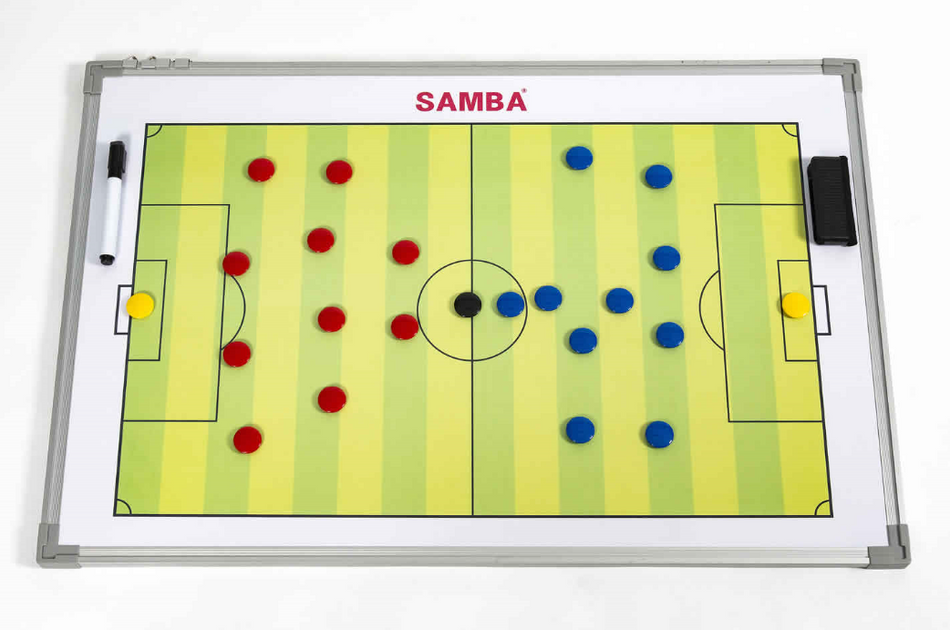 The Samba Sports Double Sided Tactic Board (90cm x 60cm) features a green dry-erase pitch with magnetic markers to show player positions, plus a black marker, eraser, and carry bag for convenient coaching sessions.