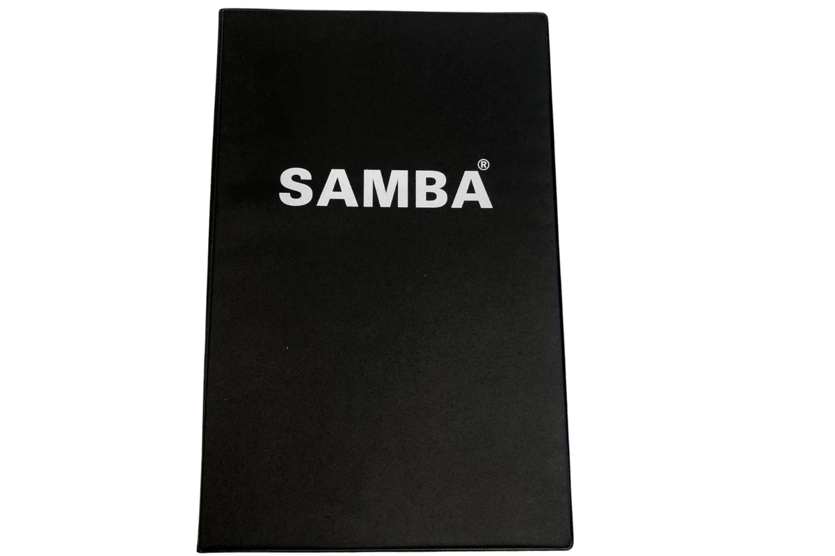 A black rectangular box featuring "Samba Sports" in bold white letters, ideal for storing your A4 Magnetic Football Coaches Folder or soccer planner pad.