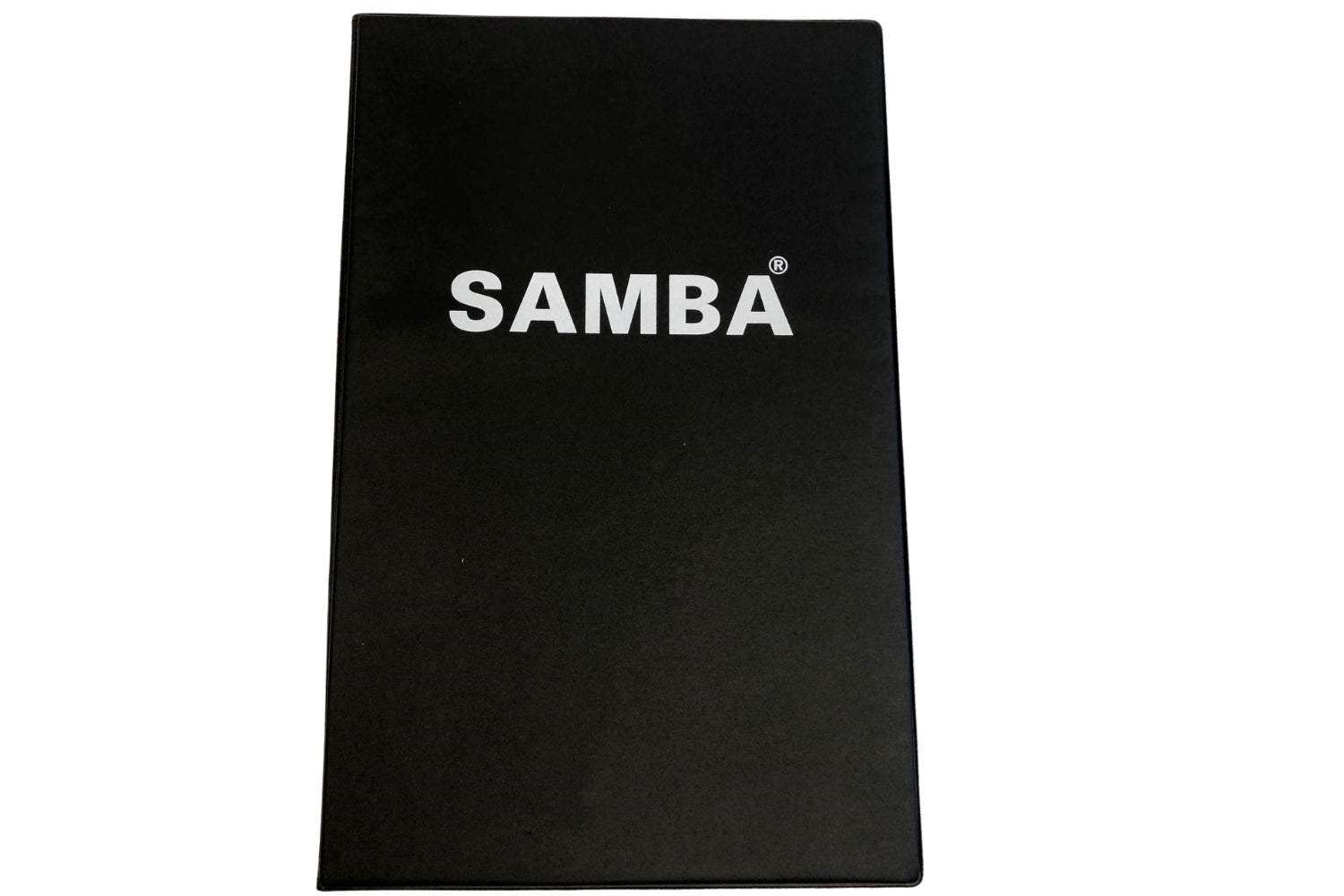 A black rectangular box featuring "Samba Sports" in bold white letters, ideal for storing your A4 Magnetic Football Coaches Folder or soccer planner pad.