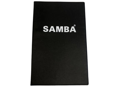 A black rectangular box featuring "Samba Sports" in bold white letters, ideal for storing your A4 Magnetic Football Coaches Folder or soccer planner pad.