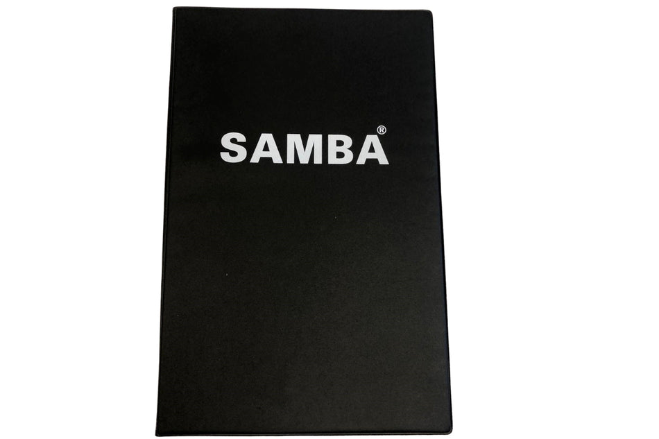 A black rectangular box featuring "Samba Sports" in bold white letters, ideal for storing your A4 Magnetic Football Coaches Folder or soccer planner pad.