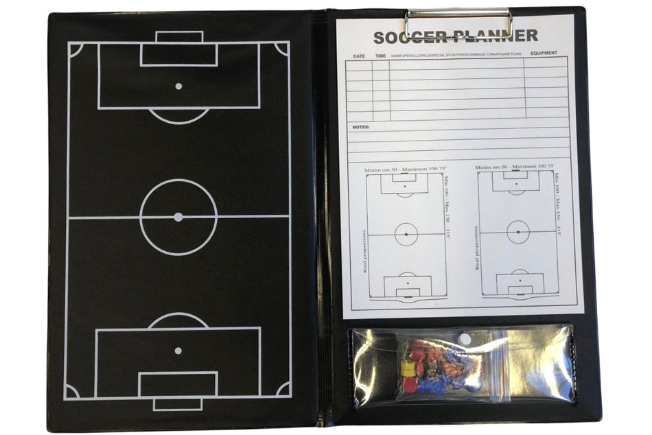 The Samba Sports A4 Magnetic Football Coaches Folder features a left-side magnetic tactics board, a right-side soccer planner clipboard, and includes colored magnets stored at the bottom right.