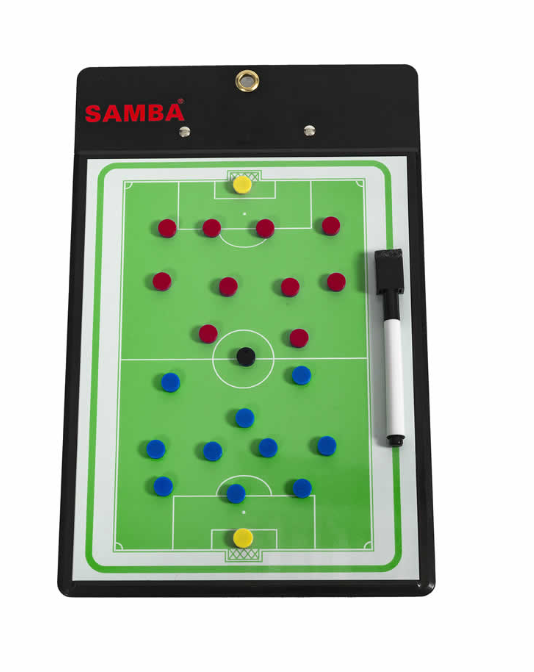 The Samba Soccer Coaches Clipboard by Samba Sports is a double-sided magnetic football tactics board with red and blue player markers, black and yellow referee/ball markers, and an attached dry-wipe pen. The Samba Sports brand appears at the top.
