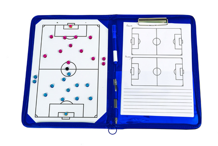 The Samba Sports Zipped Pro Coaches Folder includes a magnetic tactics board, blue and pink magnets to mark player positions, a pen, clipboard for set play sheets, and lined notes with blank soccer field diagrams.