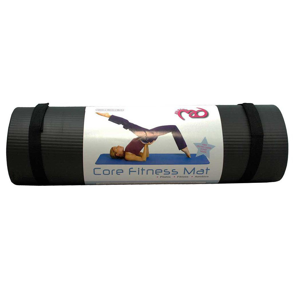 A rolled-up black Fitness Mad Core Fitness Mat 10mm made of NBR foam, with a label showing a person doing a leg raise, the Fitness Mad logo, and product features.