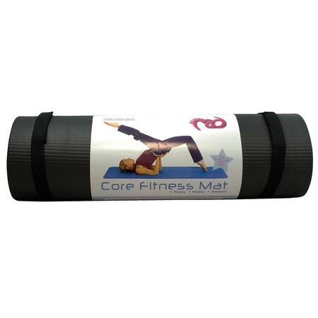 A rolled-up black Fitness Mad Core Fitness Mat 10mm made of NBR foam, with a label showing a person doing a leg raise, the Fitness Mad logo, and product features.