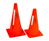 Set of 4 collapsible marker cones by Samba Sports, in 9" and 12" heights. Each bright orange cone has a square base, the brand name printed vertically, and a white rectangular cutout near the top for sports training use.