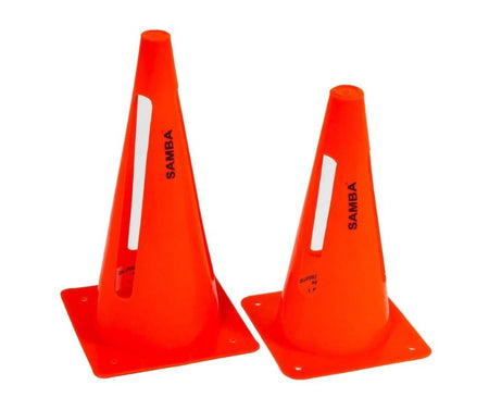 Set of 4 collapsible marker cones by Samba Sports, in 9" and 12" heights. Each bright orange cone has a square base, the brand name printed vertically, and a white rectangular cutout near the top for sports training use.
