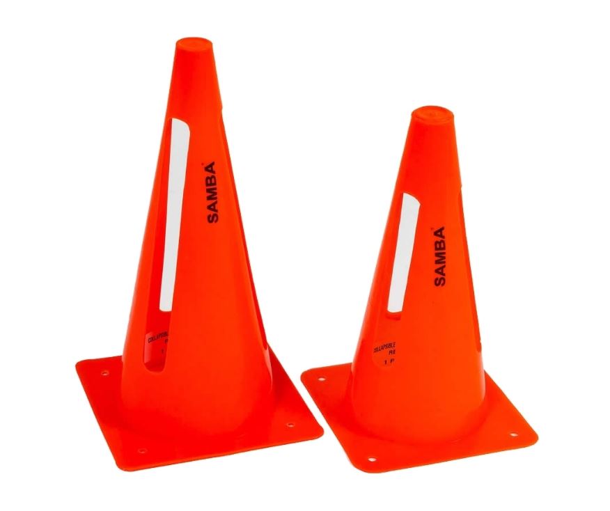 Set of 4 collapsible marker cones by Samba Sports, in 9" and 12" heights. Each bright orange cone has a square base, the brand name printed vertically, and a white rectangular cutout near the top for sports training use.