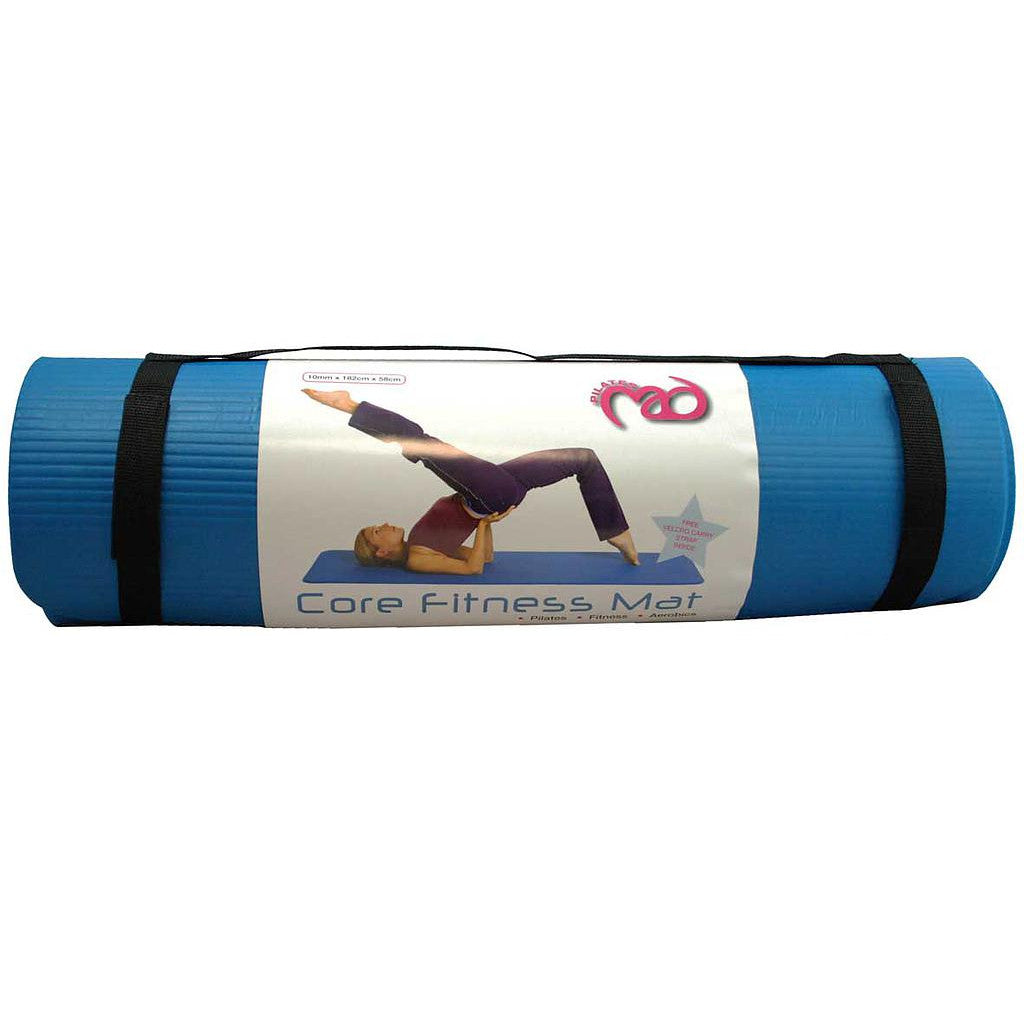 The Fitness Mad Core Fitness Mat 10mm is a rolled-up blue NBR foam mat with black carrying straps. Its label features a person doing a yoga bridge pose and the words "Core Fitness Mat." Perfect for Pilates or your workout routine.
