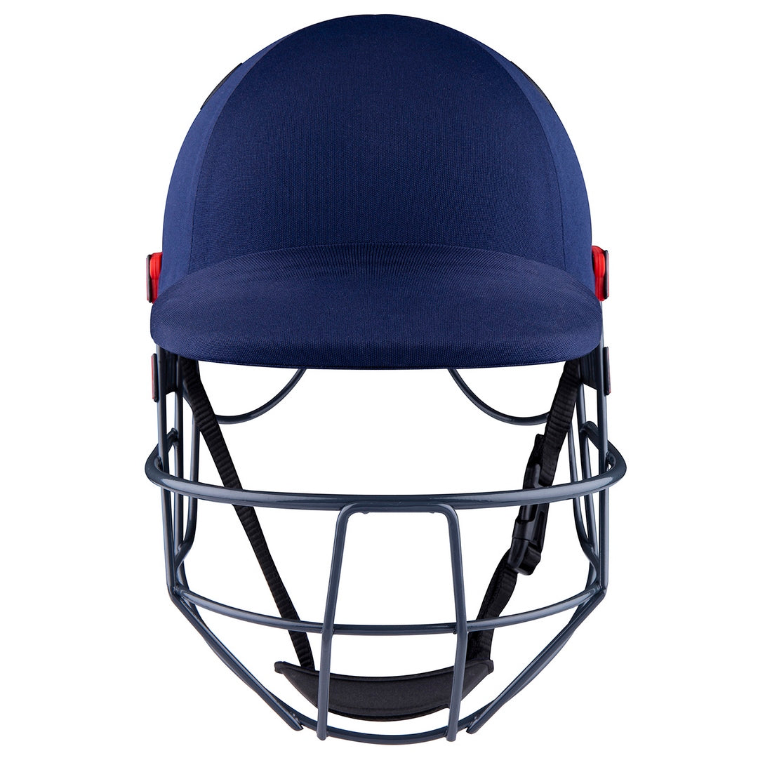 Front view of the Gray Nicolls Junior Ultimate 360 Helmet in navy blue, featuring a 360 faceguard, chin strap, and red adjustment knobs on each side.