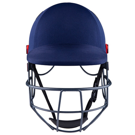 Front view of the Gray Nicolls Junior Ultimate 360 Helmet in navy blue, featuring a 360 faceguard, chin strap, and red adjustment knobs on each side.
