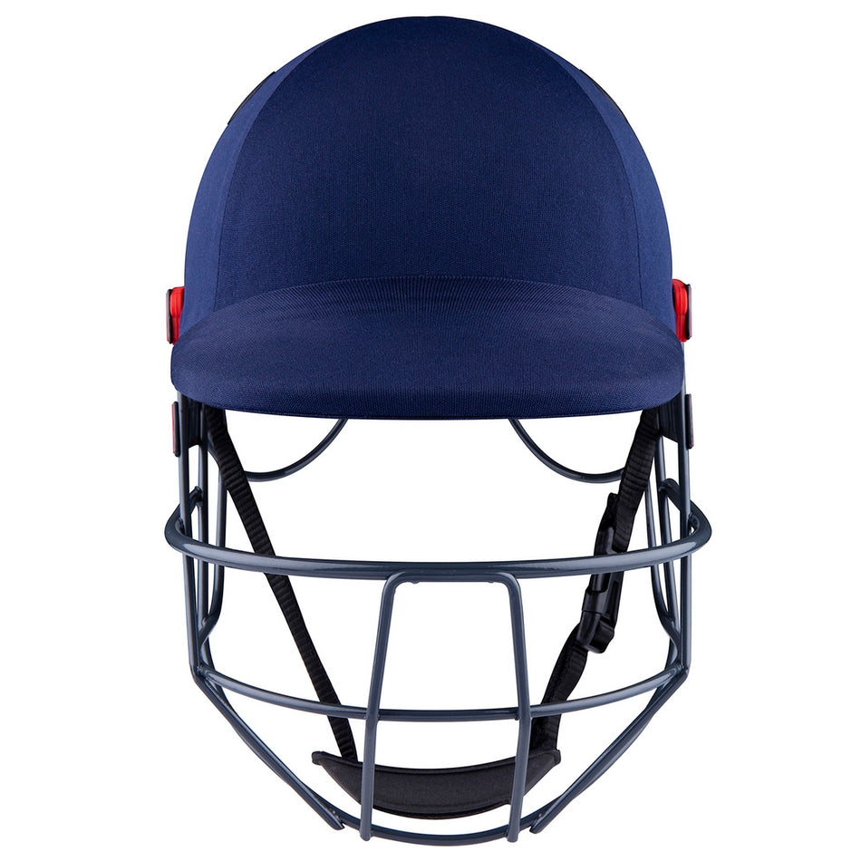 Front view of the Gray Nicolls Junior Ultimate 360 Helmet in navy blue, featuring a 360 faceguard, chin strap, and red adjustment knobs on each side.