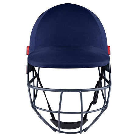 The Gray Nicolls Ultimate Helmet in navy blue features a metal face guard and Test Match protection, shown from the front on a white background.