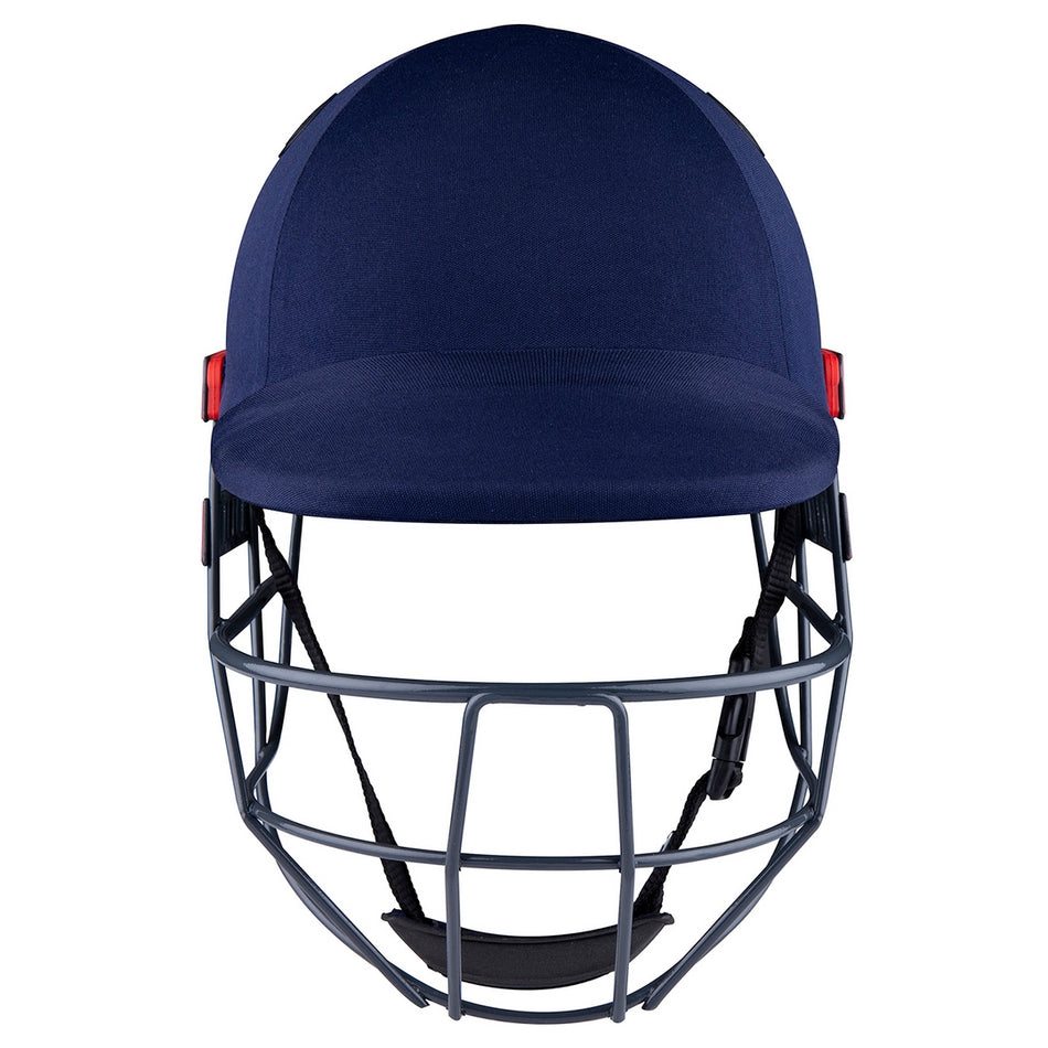 The Gray Nicolls Ultimate Helmet in navy blue features a metal face guard and Test Match protection, shown from the front on a white background.