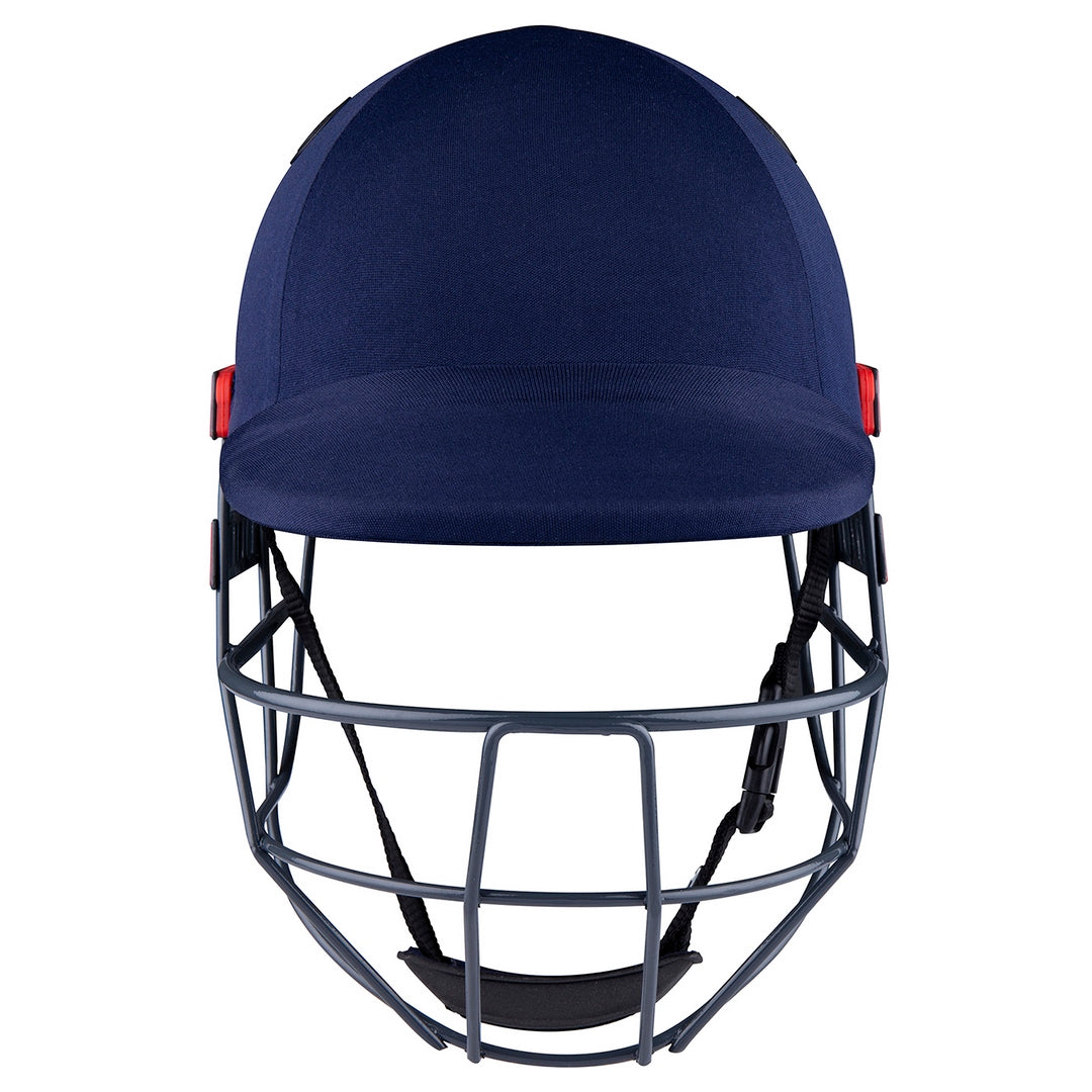 The Gray Nicolls Junior Ultimate Helmet, shown in navy blue with a metal face guard, offers young players reliable protection—ideal for junior cricket.