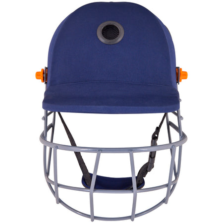 The Gray Nicolls Elite Junior Helmet is a blue hardball cricket helmet with a metal face grill, adjustable chin strap, and orange side adjustment knobs—perfect for junior players.