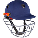 The Gray Nicolls Elite Junior Helmet in navy, featuring a face guard, ventilation holes, adjustable chin strap, and orange side clips, is shown against a white background.