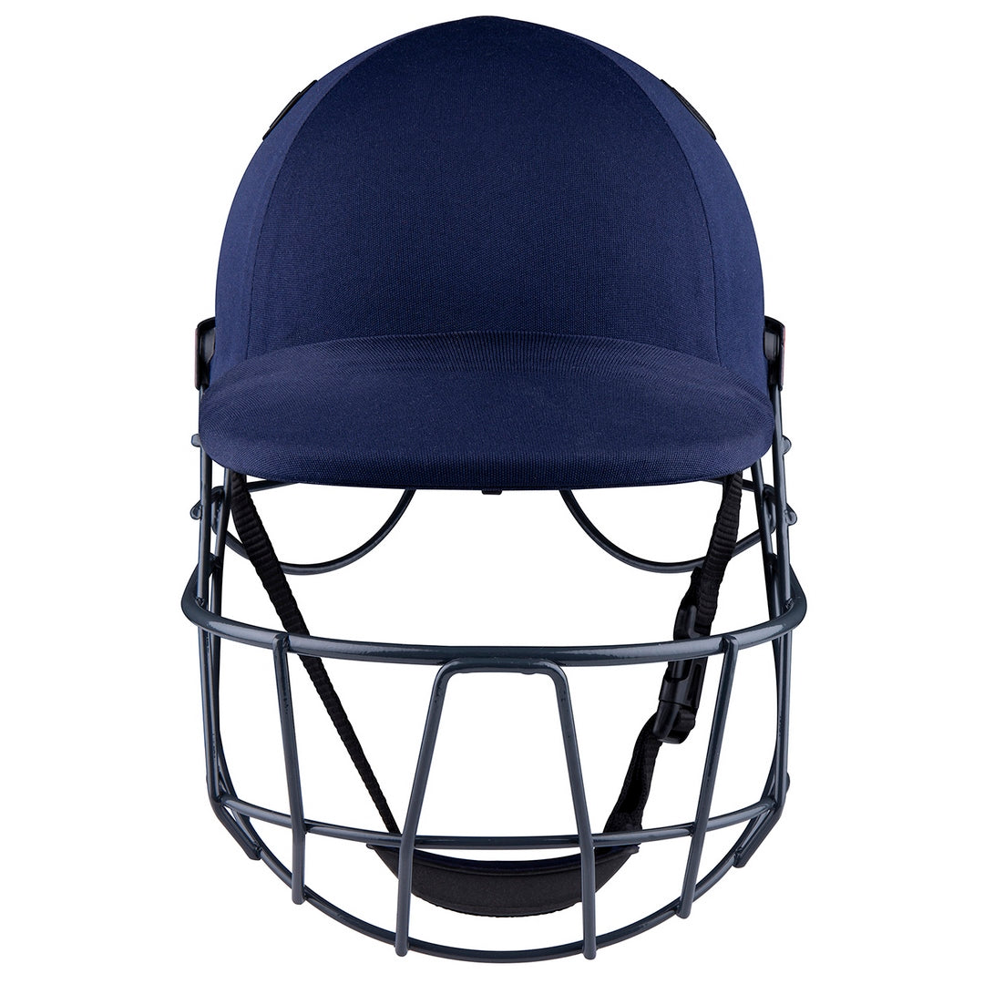 The Gray Nicolls Junior Atomic 360 Helmet, in navy blue with a metal face guard, is shown front view. It features adjustable straps and protective padding and is part of the trusted Gray Nicolls helmets range.