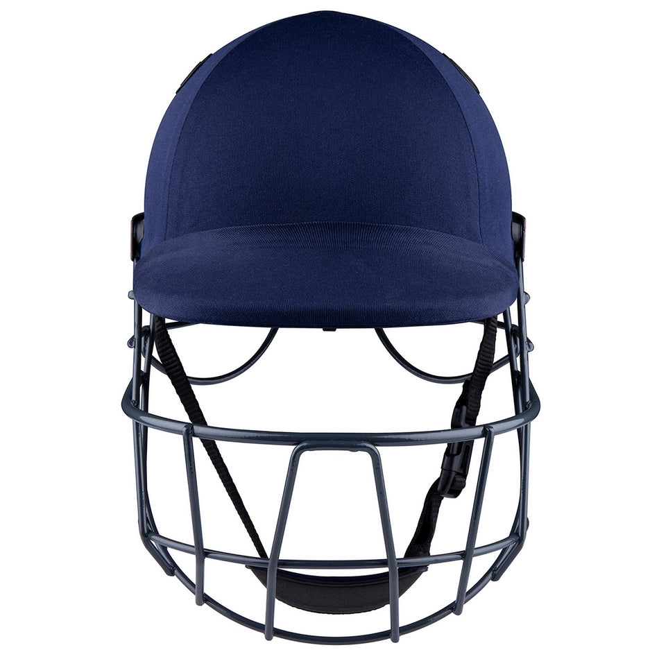 Front view of the Gray Nicolls Atomic 360 Helmet, a protective navy blue cricket helmet with metal faceguard and adjustable chin strap by Gray Nicolls, displayed against a white background.
