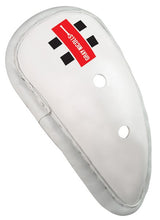 The Gray Nicolls Pro Performance Abdo Guard is a white abdo protector with two ventilation holes and a red logo featuring black squares on the front, providing reliable cricket protection.