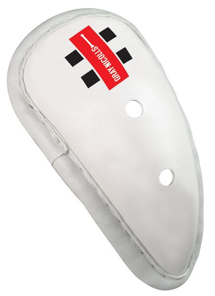The Gray Nicolls Pro Performance Abdo Guard is a white abdo protector with two ventilation holes and a red logo featuring black squares on the front, providing reliable cricket protection.