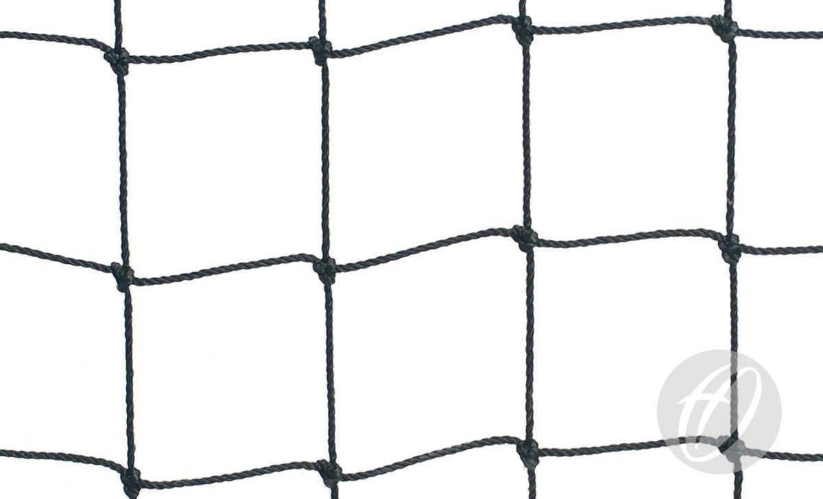 Close-up of Harrod Sport No. 16 Cricket Netting - 3.3M High Surround in black polypropylene with square openings on a white background. Manufacturer’s logo appears in the corner, highlighting its durable, UV-resistant design for cricket use.