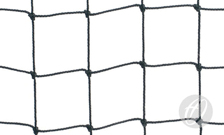 Close-up of Harrod Sport No. 16 Cricket Netting - 3.3M High Surround in black polypropylene with square openings on a white background. Manufacturer’s logo appears in the corner, highlighting its durable, UV-resistant design for cricket use.