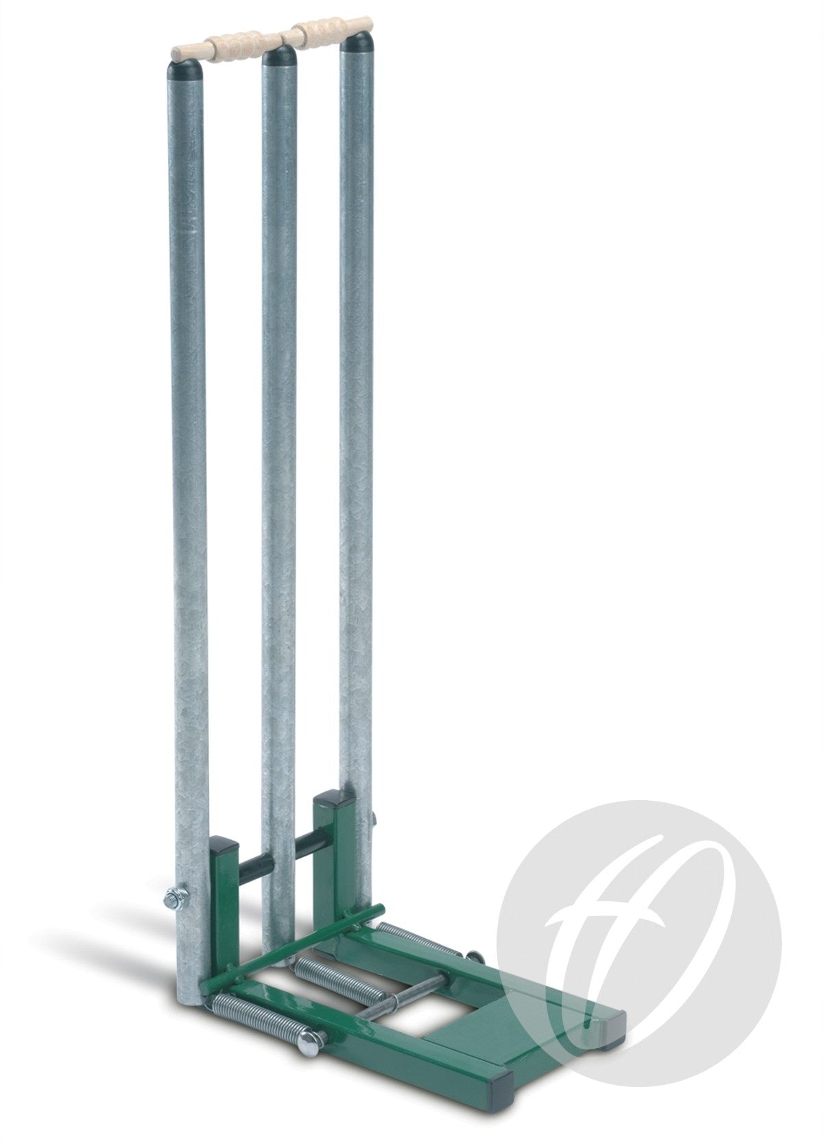 The Harrod Sport Cricket Stumps - CP2, crafted from green and silver metal with three long handles and beige grips, features a flat platform and stands upright on a white background, resembling the durability of portable metal stumps.