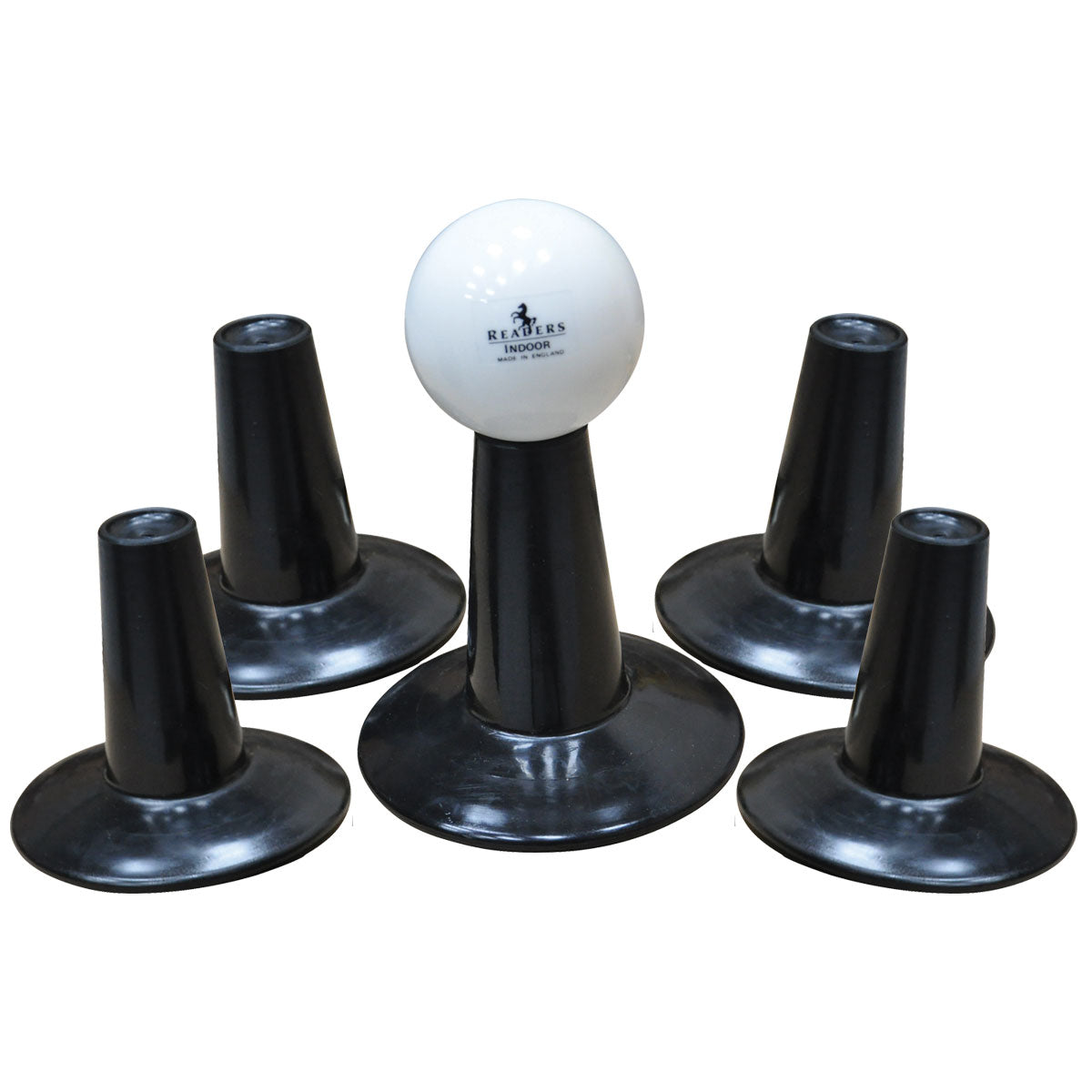 A pack of 5 black Readers Windball Batting Tees forms a circle: one central tee holds a white plastic ball labeled Relaxers Indoor, with four other tees arranged around it.