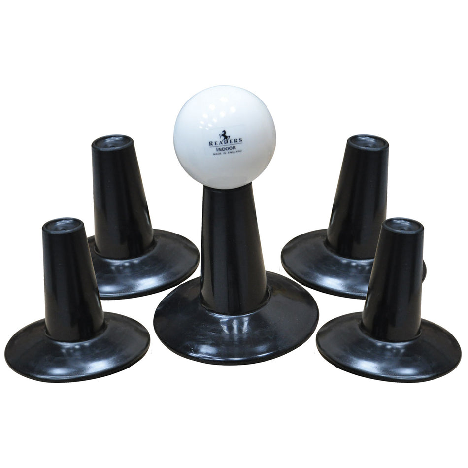 A pack of 5 black Readers Windball Batting Tees forms a circle: one central tee holds a white plastic ball labeled Relaxers Indoor, with four other tees arranged around it.