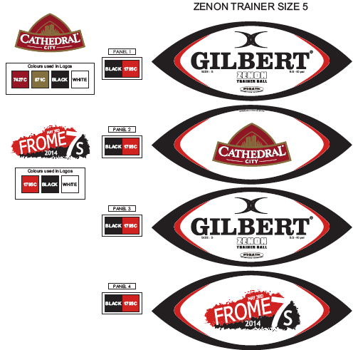 A collection of logos and labels showcasing Custom Gilbert Match or Training Rugby Balls with Logos by Gilbert.