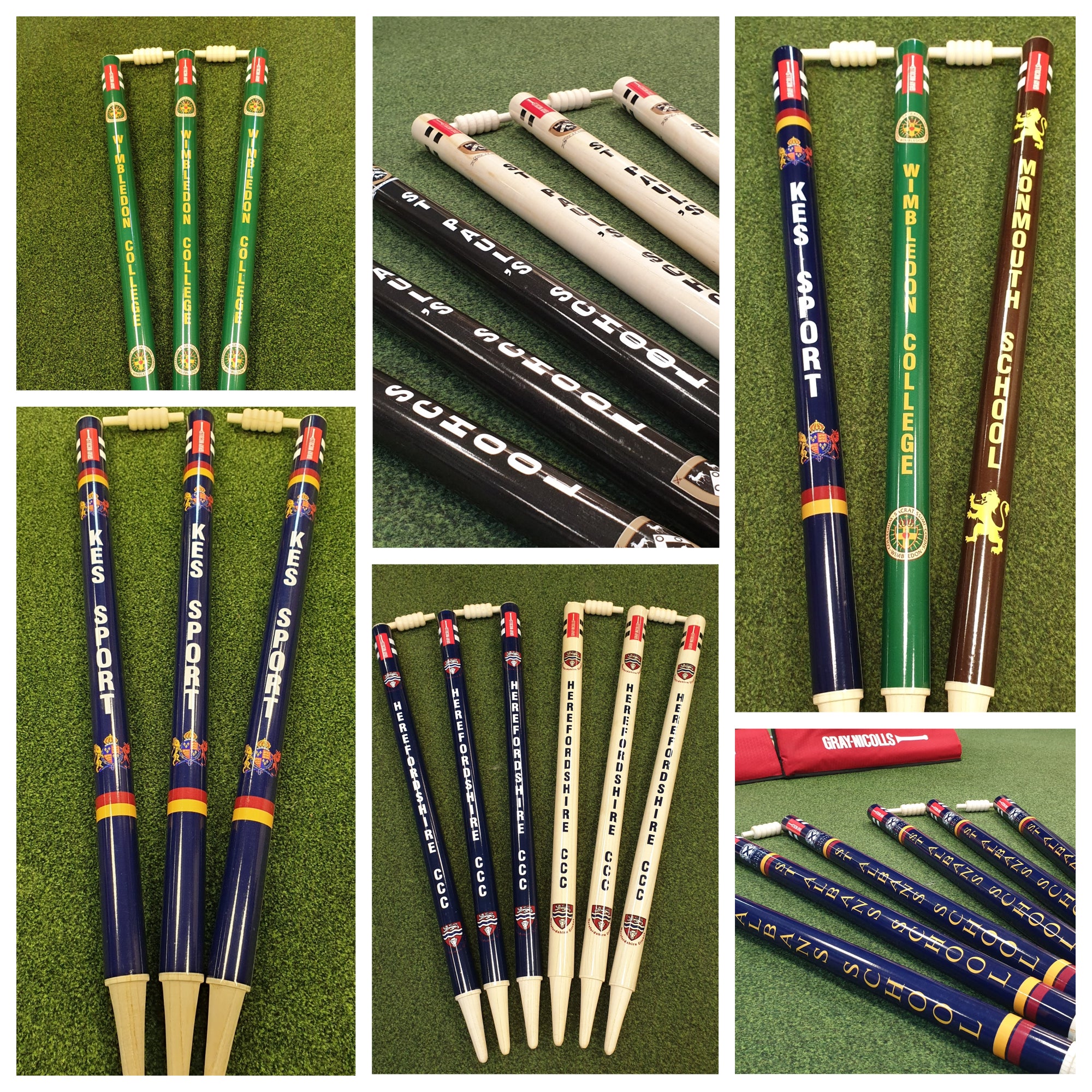 A collage of six photos showcases Gray Nicolls Custom Printed Club Cricket Stumps with vibrant school and team logos, arranged in groups of three on a green artificial grass surface.