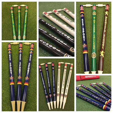 A collage of six photos showcases Gray Nicolls Custom Printed Club Cricket Stumps with vibrant school and team logos, arranged in groups of three on a green artificial grass surface.