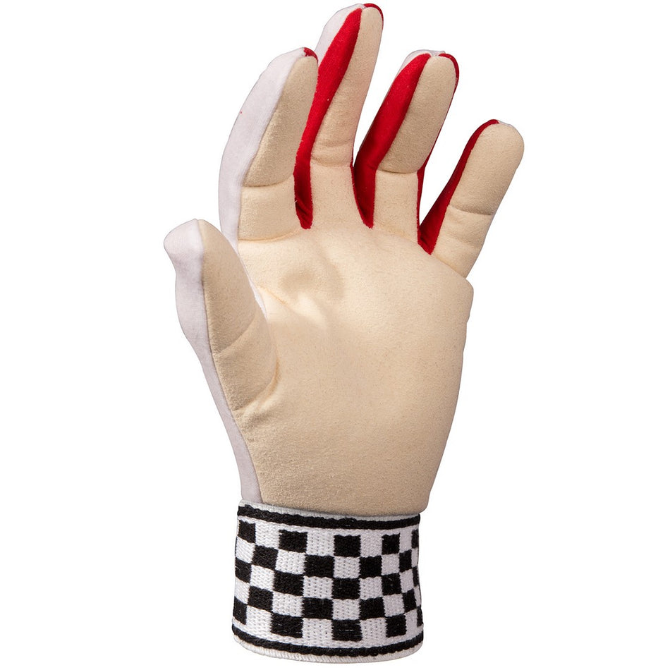 The Gray Nicolls Chamois Padded Palm Wicket Keeping Inners feature a beige design, red fabric between the fingers, chamois-padded palm, and a black-and-white checkered wristband, shown upright with fingers slightly curved.