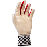 The Gray Nicolls Chamois Plain Palm Wicket Keeping Inners feature a beige chamois palm, red inner fingers, a black-and-white checkerboard cuff, and a forward-facing palm design.