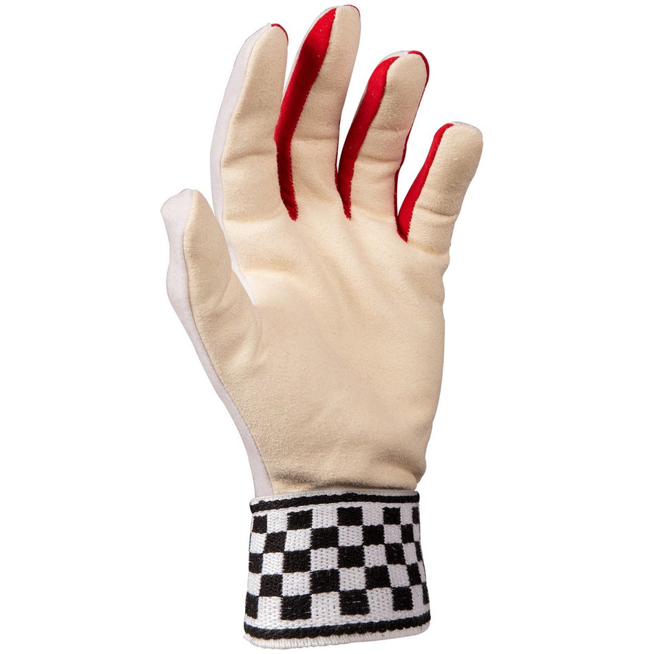 The Gray Nicolls Chamois Plain Palm Wicket Keeping Inners feature a beige chamois palm, red inner fingers, a black-and-white checkerboard cuff, and a forward-facing palm design.