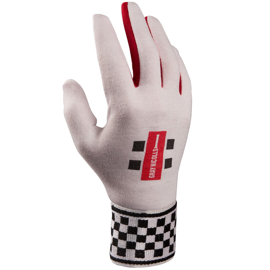 The Gray Nicolls Cotton Padded Palm Wicket Keeping Inners features a white design with a red stripe on the middle finger, black square accents, GRAN TURISMO printed on the back, padded palm, and a black-and-white checkered cuff.